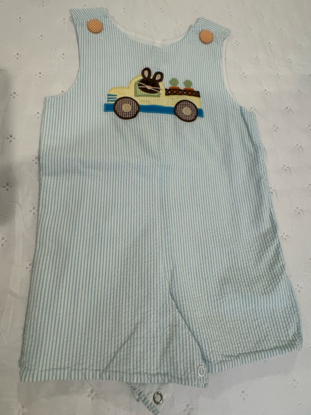 Blue and White Striped Seersucker Short-all/Romper with Truck Applique